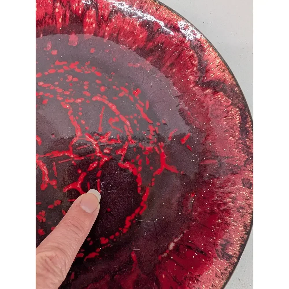 Vintage Enamel Copper Plate Dish Red Abstract Mid Century Modern Art Decor